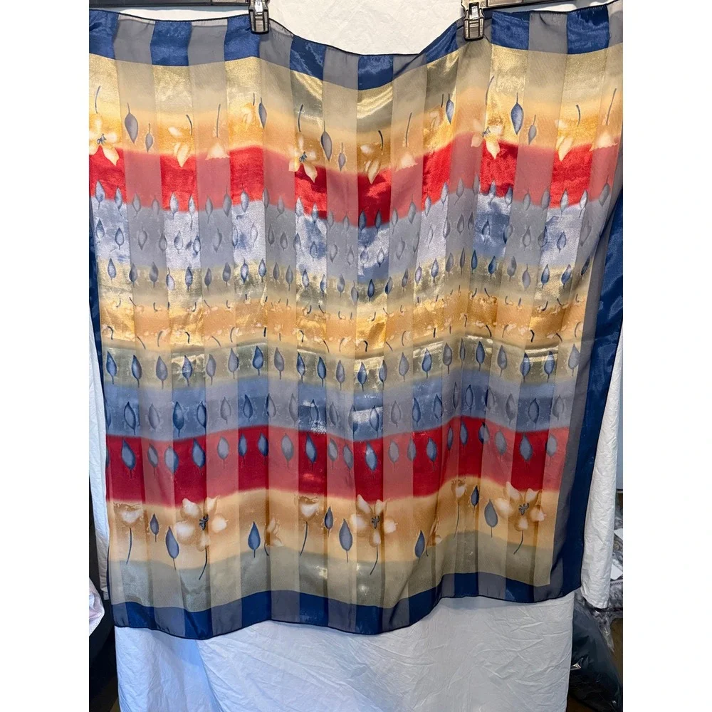 Floral Geometric Sheer Scarf Blue Red Gold Striped Lightweight Wrap Accessory